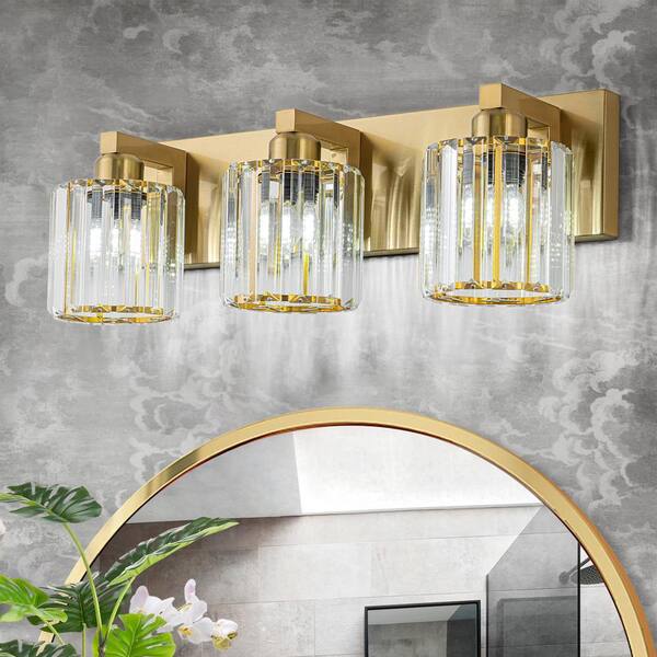 Orillia 19.7 in. 3-Light Gold Bathroom Vanity Light with Crystal Round Shades