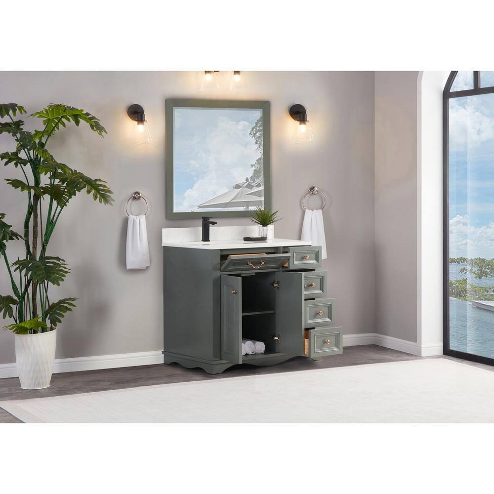 36" Pewter Green Solid Wood Freestanding Sink Vanity with Artificial Stone Top