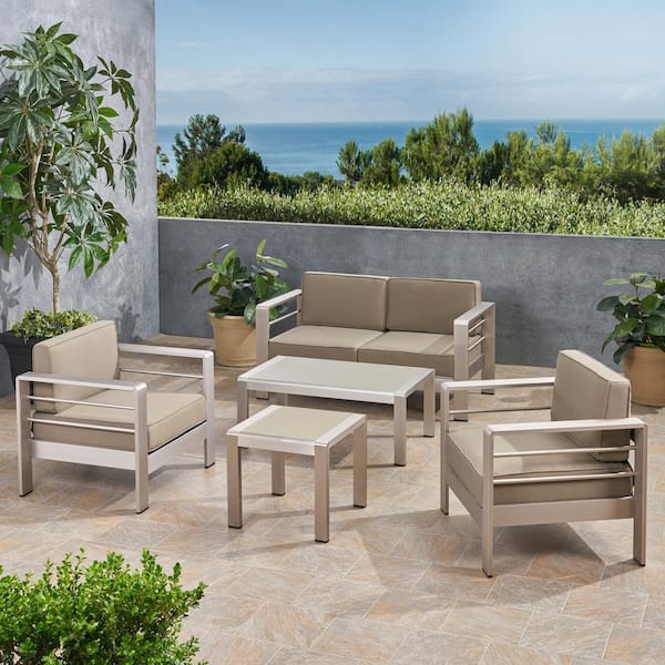 Noble House Cape Coral Silver 5-Piece Aluminum Patio Conversation Set ...