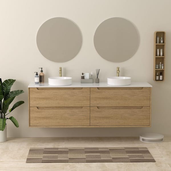 Amara 72 in. Single Round Vessel Sink Floating Natural Oak Bath Vanity with Super White Quartz Top