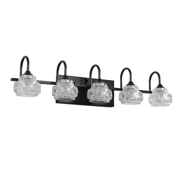 29.1 in. 5-Light Matte Black Bathroom Vanity Light with Petal-Shaped Crystal Shade