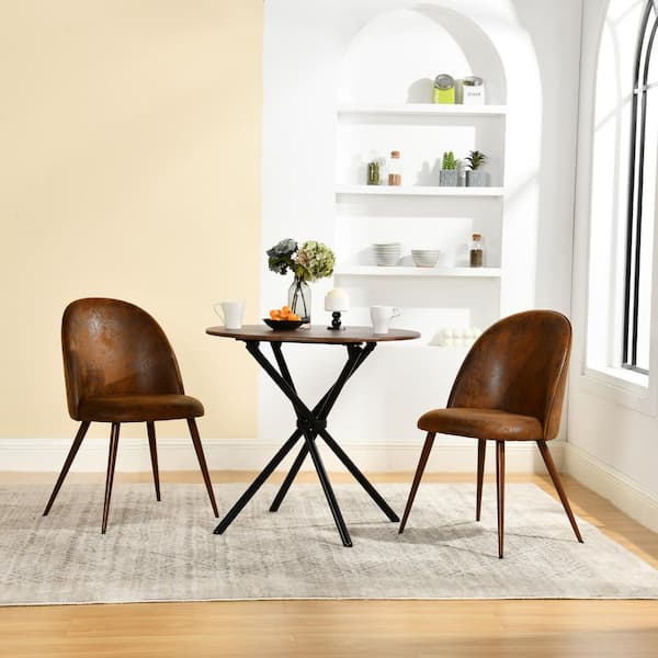 HAVFONTANA 3-Piece Mocha Walnut Round Wood Dining Table Set with 2 Upholstered Chairs in Saddle Brown (Seats 2)