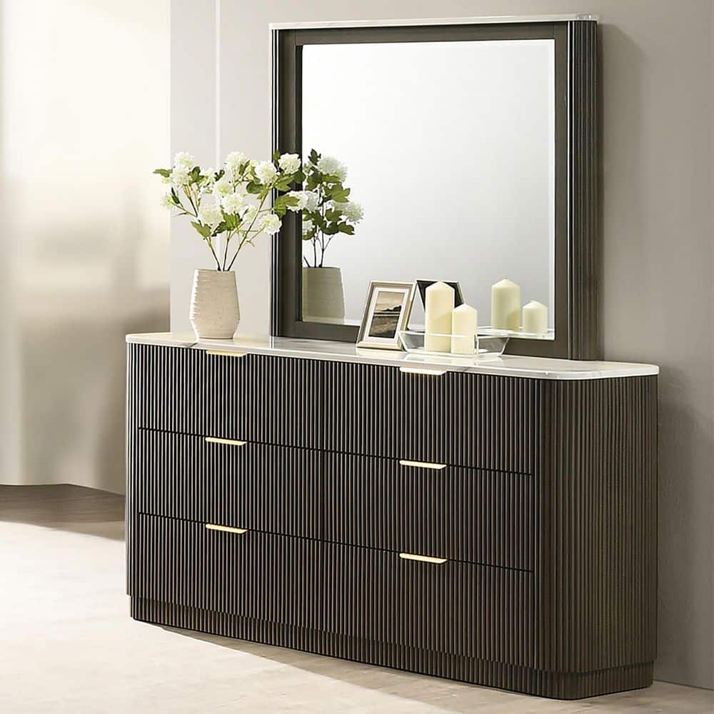 Prista Modern Dark Walnut 6-Drawer 63.4 in. Dresser with Mirror with Faux Marble Top price history on PriceWatchPro
