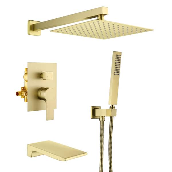 Unbranded 1-Spray Patterns with 1.8 GPM 10 in. Wall Mount Shower Head with SUS304 Hand Shower in Brushed Gold (Valve Included)
