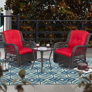 3-Piece Brown Wicker Outdoor Rocking Chair Set with Red Cushions Patio Conversation Set