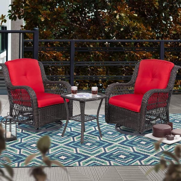 Tenleaf 3-Piece Brown Wicker Outdoor Rocking Chair Set with Red Cushions Patio Conversation Set