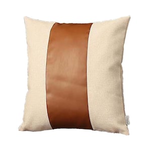 Bohemian Vegan Faux Leather Ivory and Brown 18 in. x 18 in. Square Solid Throw Pillow