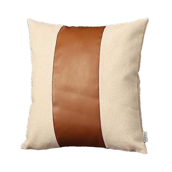 MIKE & Co. NEW YORK Bohemian Vegan Faux Leather Ivory and Brown 18 in. x 18 in. Square Solid Throw Pillow