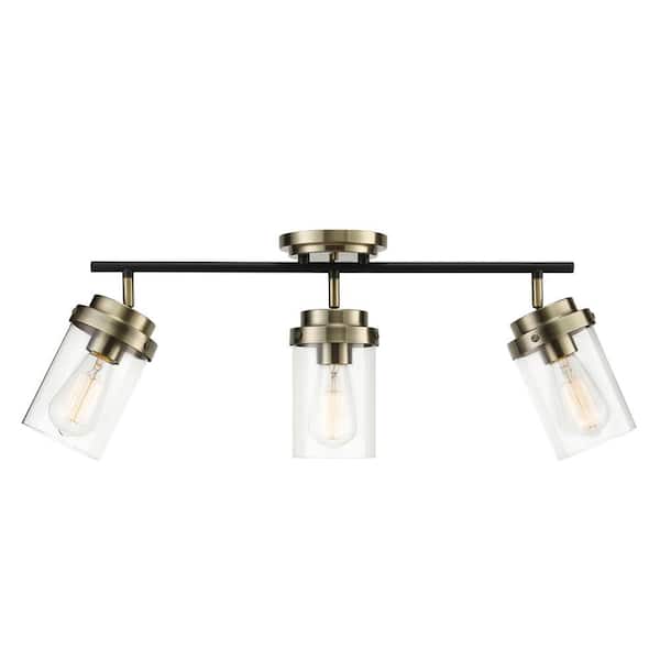 Globe Electric Adelaide 1.83 ft. 3-Light Antique Brass Fixed Track Lighting Kit with Matte Black Accent and Clear Glass Shades