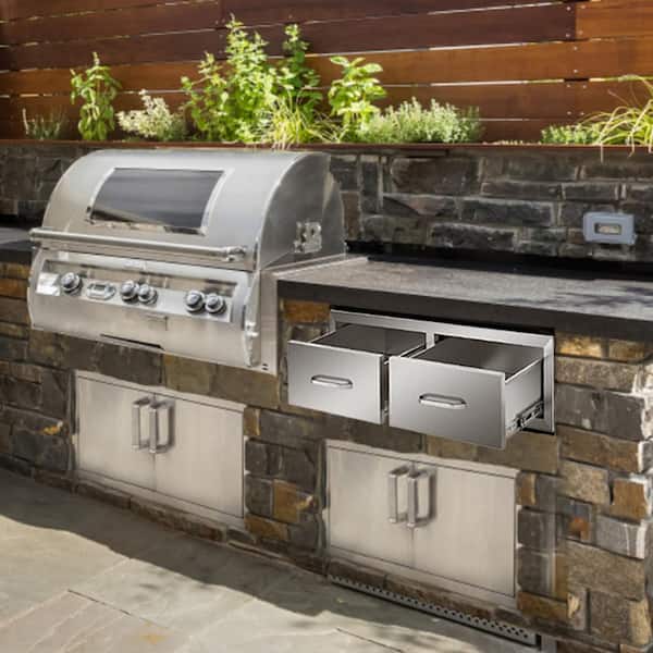 Outdoor Kitchen Drawers 30 in. W x 10 in. H x 20 in. D Double BBQ Access Drawers with Handle BBQ Island Drawers
