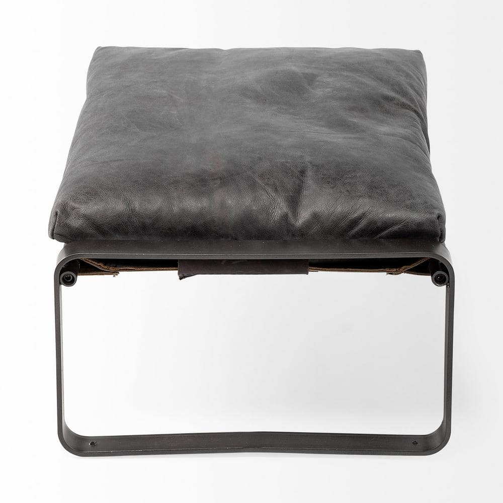 Hornet II 14"H Black Leather and Dark-Brown Iron Base Footstool