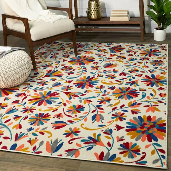 Cream 5 ft. x 7 ft. Painted Floral Indoor Area Rug