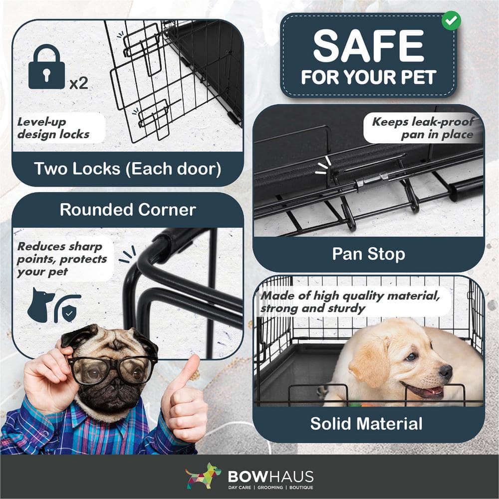 Foldable Black Metal Dog Crate with Double Doors