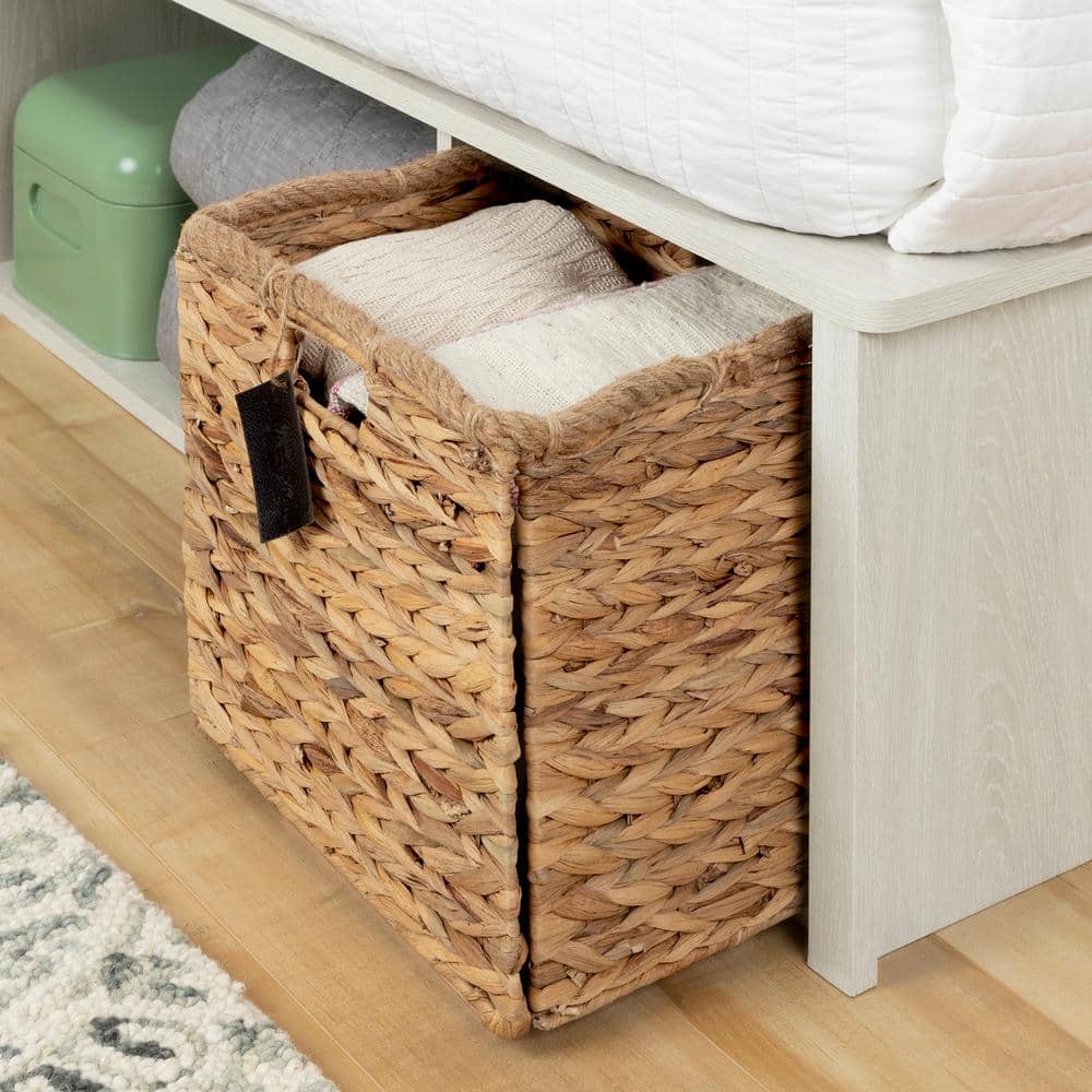 Full Winter Oak Upholstered Storage Bed with Rattan Baskets