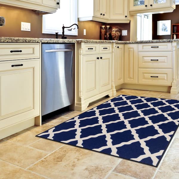 Ottomanson Monaco Collection Non-Slip Rubberback Moroccan Trellis Design 3x5 Indoor Area Rug, 3 ft. 3 in. x 5 ft., Navy, Blue