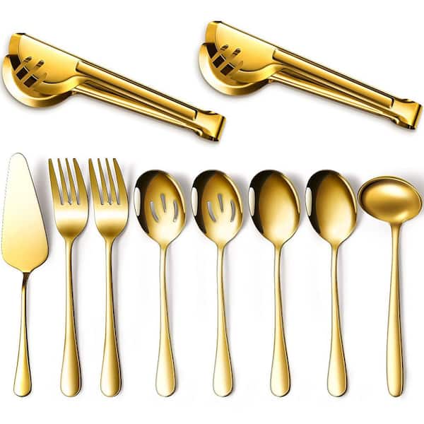 10-Piece Stainless Steel Kitchen Serving Utensils Set, Include Large Spoons Forks Ladle and Pie, Flatware Serving Sets