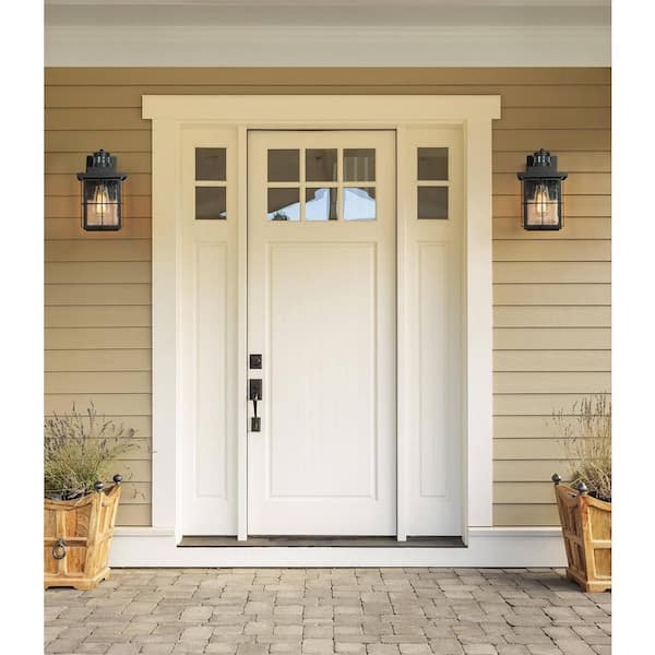 Mill Modern Black Motion Sensing Outdoor Sconce with Seeded Glass, Farmhouse 1-Light Front Door Wall Lantern (2-Pack)