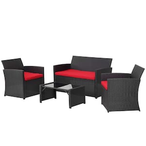 Black 4-Piece Wicker Outdoor Patio Rattan Set With Coffee Table and Red Cushions