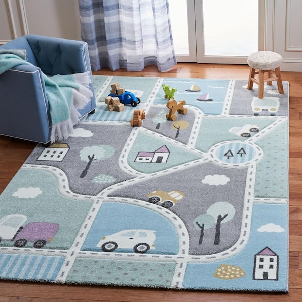 Carousel Kids 4 ft. x 4 ft. Gray/Light Blue Neighborhood Roads Square Area Rug