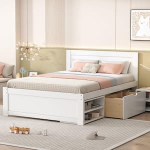 White Wood Frame Full Size Platform Bed with Drawer and Two Storage Shelves