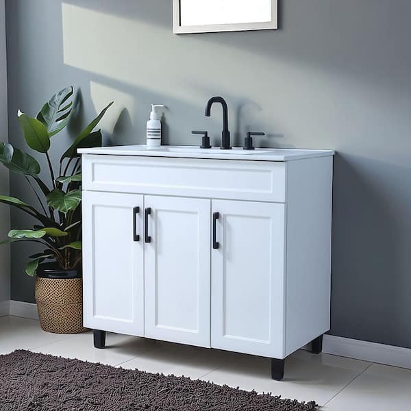 36 in. W x 19 in. D x 33 in. H Freestanding White Bath Vanity with White Ceramic Sink and Top