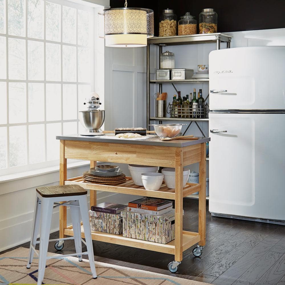 Natural Wood Kitchen Cart with Stainless Steel Top and Wine Rack
