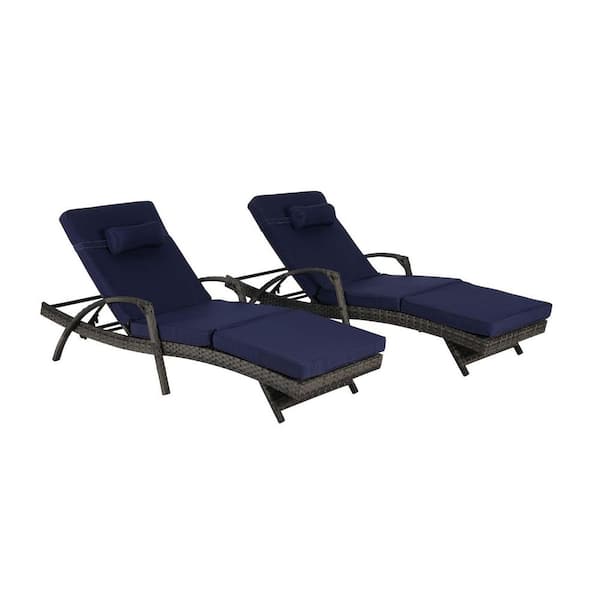 SereneVita Wicker Outdoor Chaise Lounge Chairs Pool Sunbathing Adjustable Recliner with Dark Blue Cushions, Set of 2