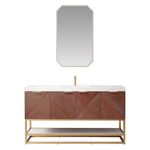 Mahon 60 in. W x 22 in. D x 33.9 in. H Single Sink Bath Vanity in Walnut with White Grain Composite Stone Top and Mirror