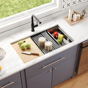 33 in. Rectangular Single Bowl Undermount Workstation Kitchen Sink in Silver Grey Stainless Steel with Accessories