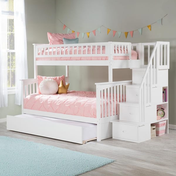 AFI Columbia Staircase Bunk Bed Twin over Full with Full Size Urban Trundle Bed in White