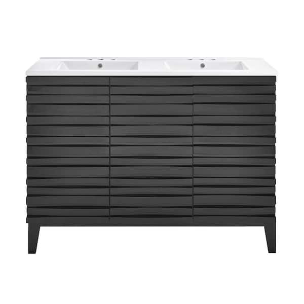 Swiss Madison Cascade 48 in. Double Basin Bathroom Vanity in Black Oak with White, 3-Hole Ceramic Sink Top