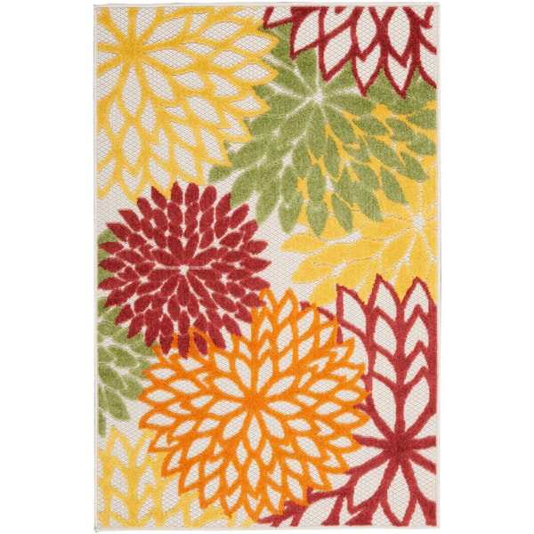 Nourison Aloha Red Multi Colored 3 ft. x 4 ft. Floral Contemporary Indoor/Outdoor Patio Kitchen Area Rug