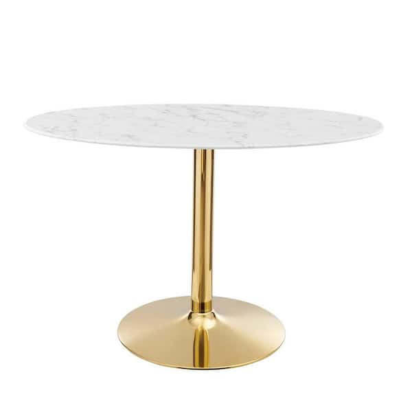 MODWAY Verne 48 in. Oval Artificial Marble Dining Table White Wood Top with Gold Metal Base