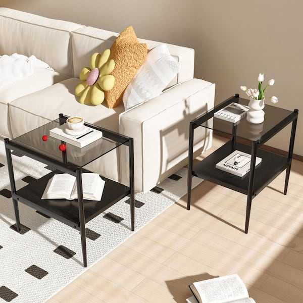 Set of 2 19.1 in. Rectangle End Tables Gray Tempered Glass Top, Black MDF Shelf and Black Metal Legs for Living Room