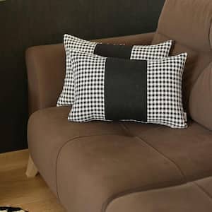 Charlie Set of 2-White and Black Houndstooth Zippered Handmade Polyester Lumbar Pillow 12 in. x 20 in.