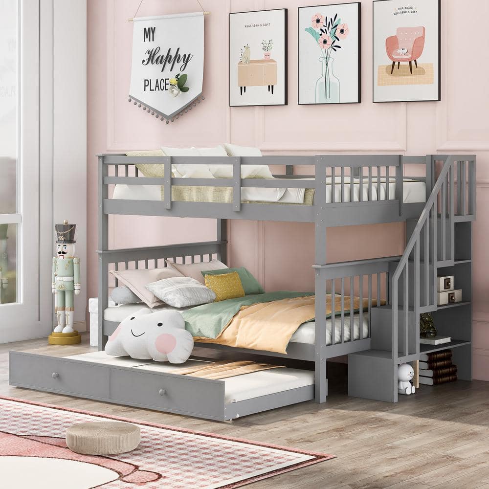 Qualler Gray Full-over-Full Stairway Bunk Bed with Twin Trundle ...