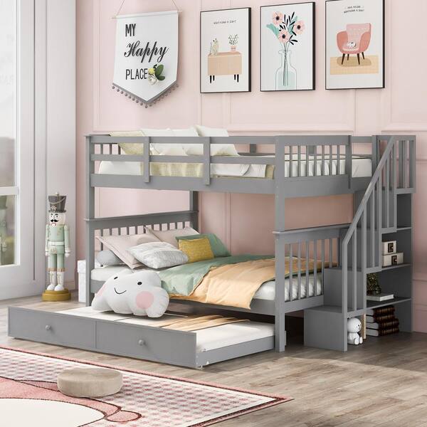 Qualler Gray Full-over-Full Stairway Bunk Bed with Twin Trundle