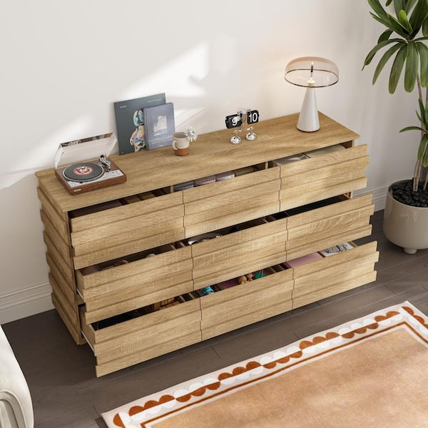FUFU&GAGA Yellow Wood Grain 9 Drawers 78.7 in. W Chest of Drawers