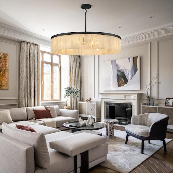 41.3 in. 10-Light Dimmable Black Alabaster  Chandelier, Round Kitchen Island Chandelier for Living Room