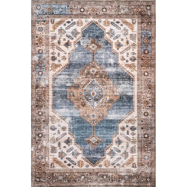 nuLOOM Gracie Distressed Medallion Machine Washable Area Rug Blue 8 ft