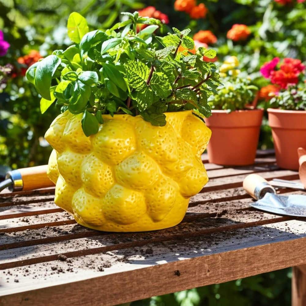 Liv & Skye Yellow Ceramic Round Lemons Flower Decorative Planter