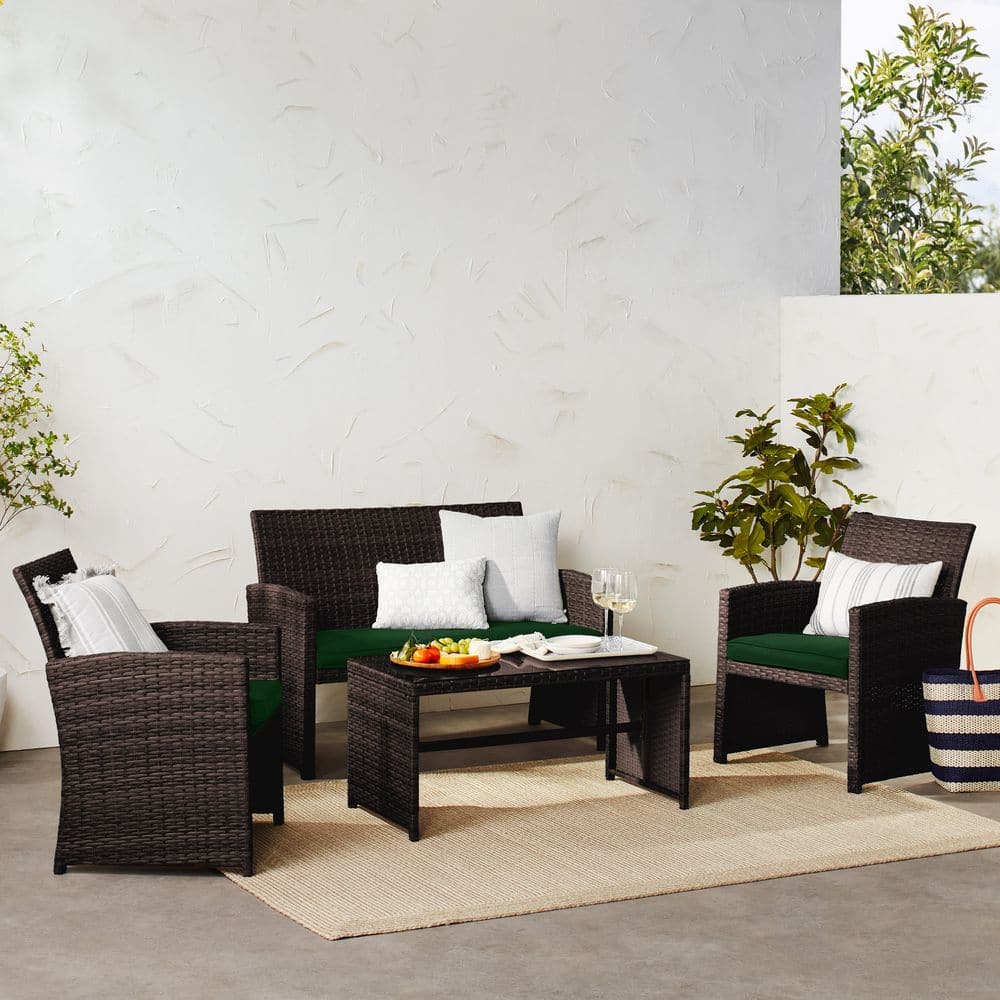 Brown 4-Piece Wicker Patio Conversation Set with Midnight Green Cushions, 4 Seats, Tempered Glass Table Top price history on PriceWatchPro