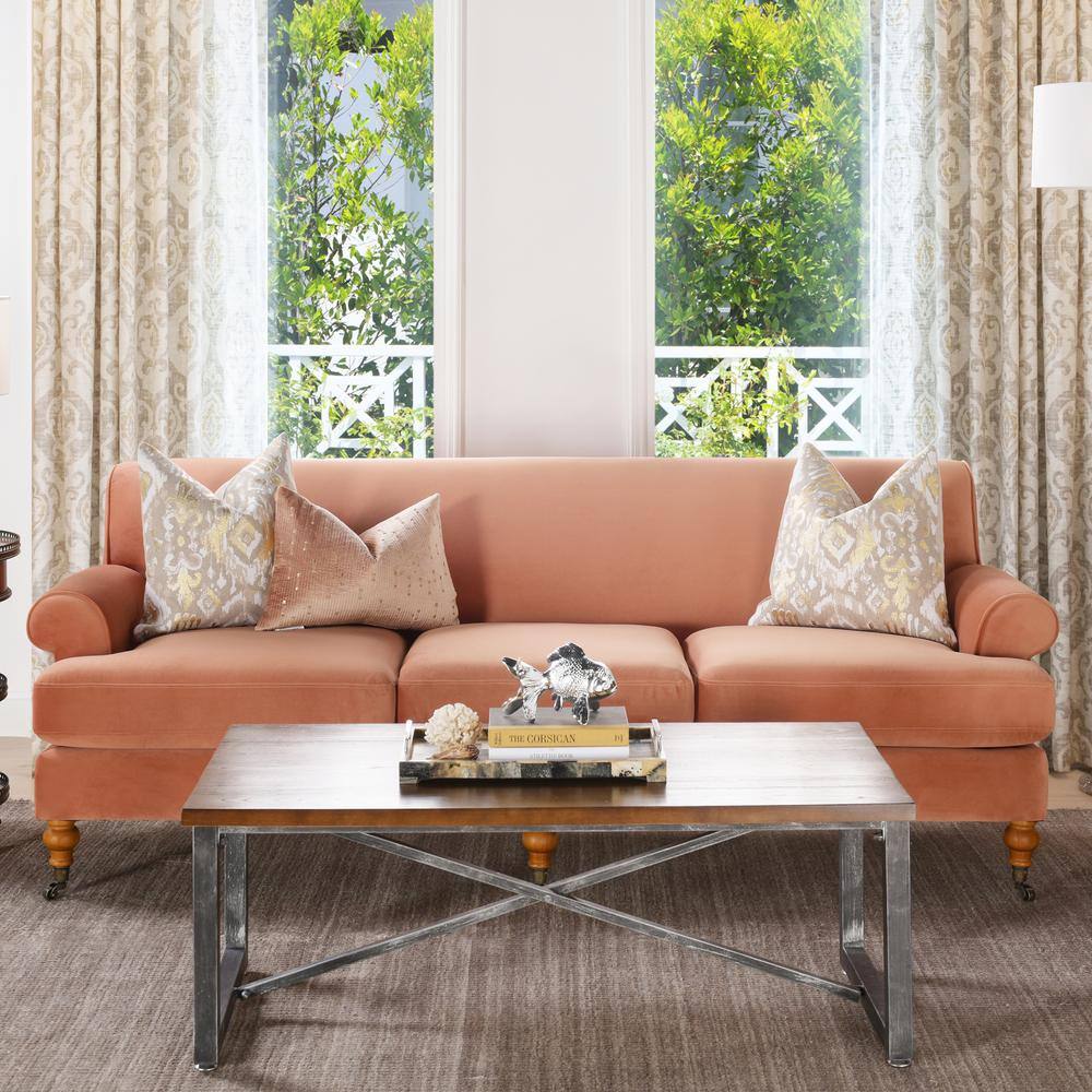 Peach Orange Velvet Lawson Sofa with Pinewood Frame and Removable Cushions