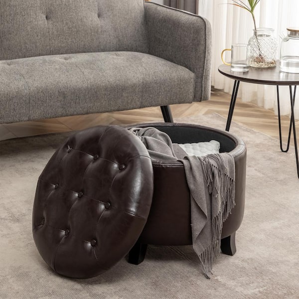Convenience Concepts Designs4Comfort Espresso Faux Leather Round Storage Ottoman