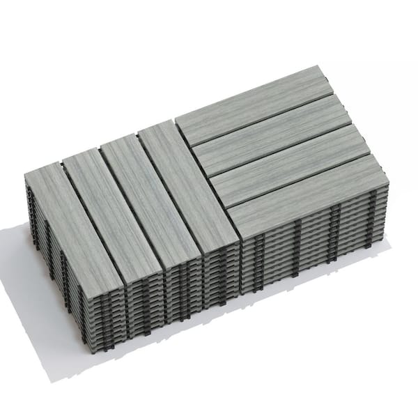 Zeus & Ruta 11.8 in. Light Gray WPC Wood-Plastic Patio Floor Tiles, Water Resistant Deck Tiles Interlocking Decking Tiles, Set of 22