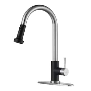 Single-Handle Wall Mount Gooseneck Pull Down Sprayer Kitchen Faucet Stainless Steel in Black and Brushed Nickel