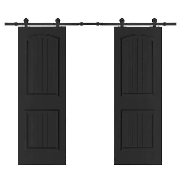CALHOME 36 in. x 80 in. Camber Top in Black Stained Composite MDF Split Sliding Barn Door with Hardware Kit