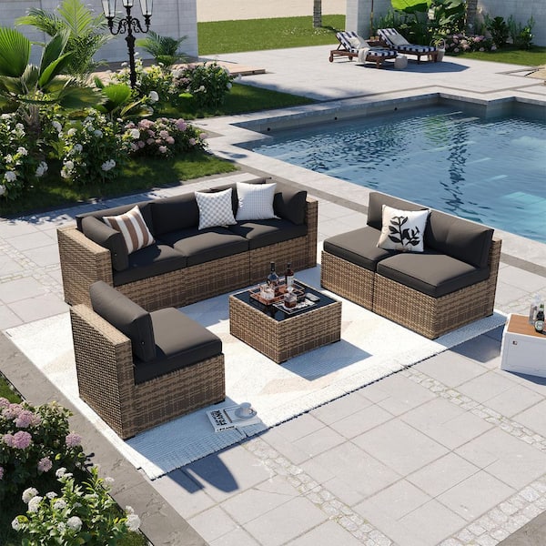 Brown 7-Piece Wicker Rattan Outdoor Sectional Set with Black Cushions, Coffee Table and Set Cover