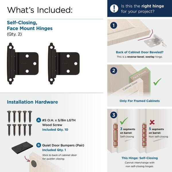 Oil-Rubbed Bronze Variable Overlay Self-Closing, Face Mount Hinge (2-Pack) Oil-Rubbed Bronze Variable Overlay Self-Closing, Face Mount Hinge (2-Pack)