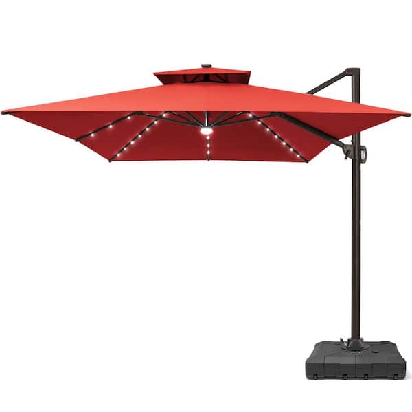 Double Top 13 ft. x 10 ft. Large 360° Rotation Solar Lighted Cantilever Patio Umbrella in Red with 260lbs. Umbrella Base